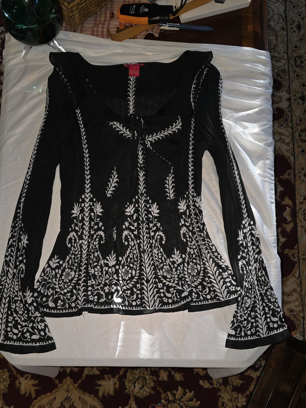 Vintage Y2K Whimsigoth Plissé Pleated Bell Sleeve Top Bow Accent XL